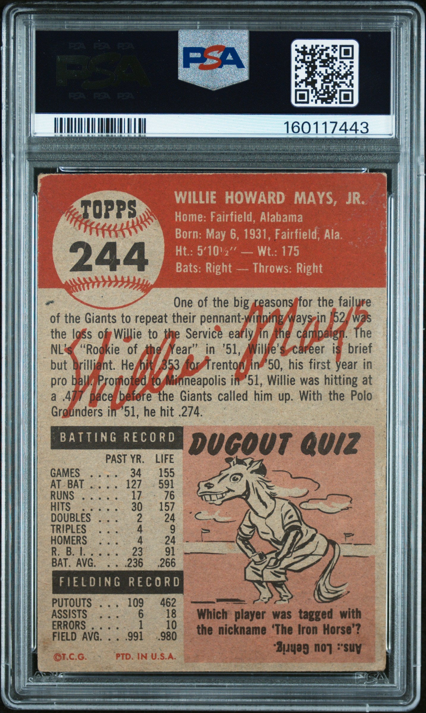 1953 Topps Willie Mays #244 PSA 1