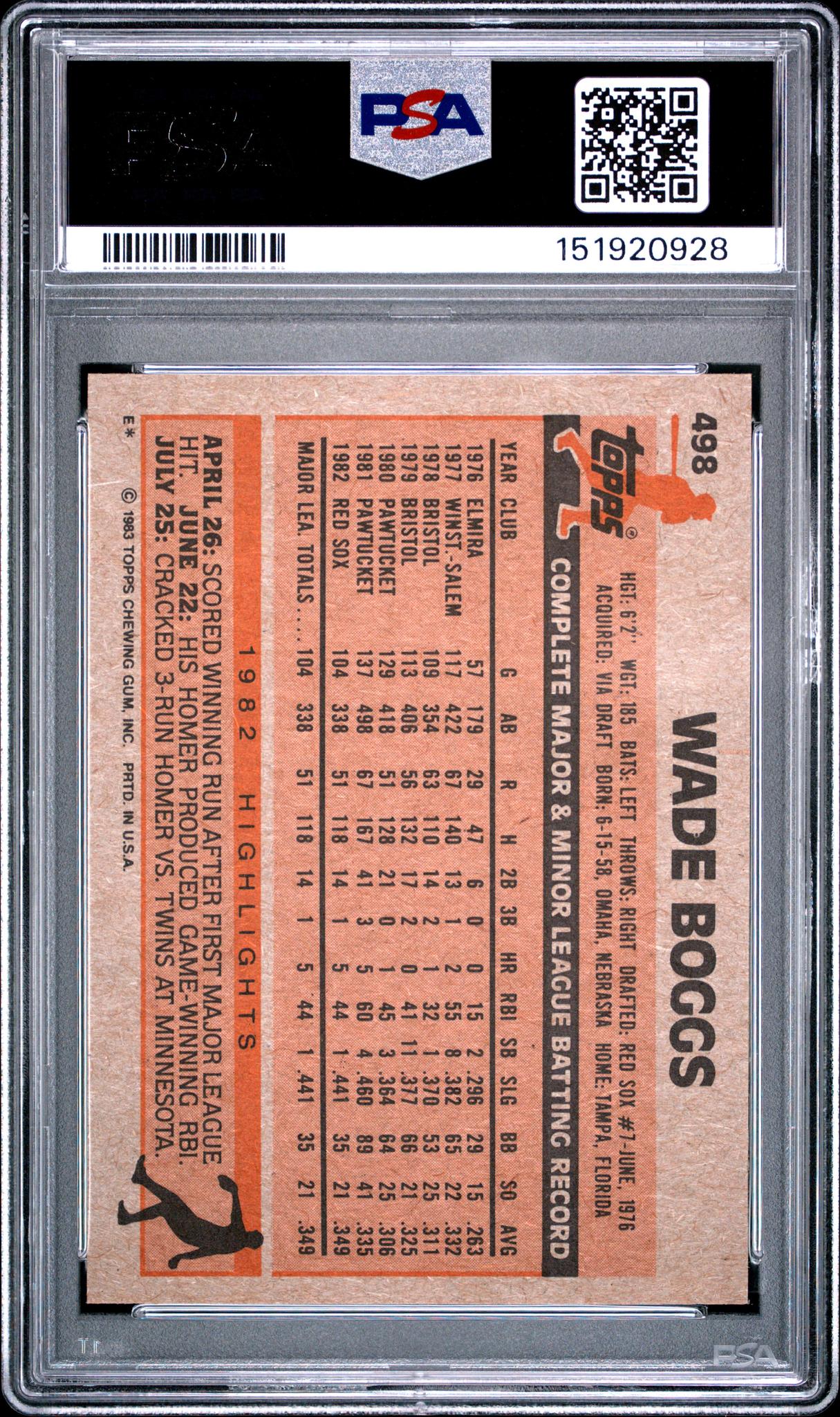 1983 Topps Wade Boggs #498 PSA 8