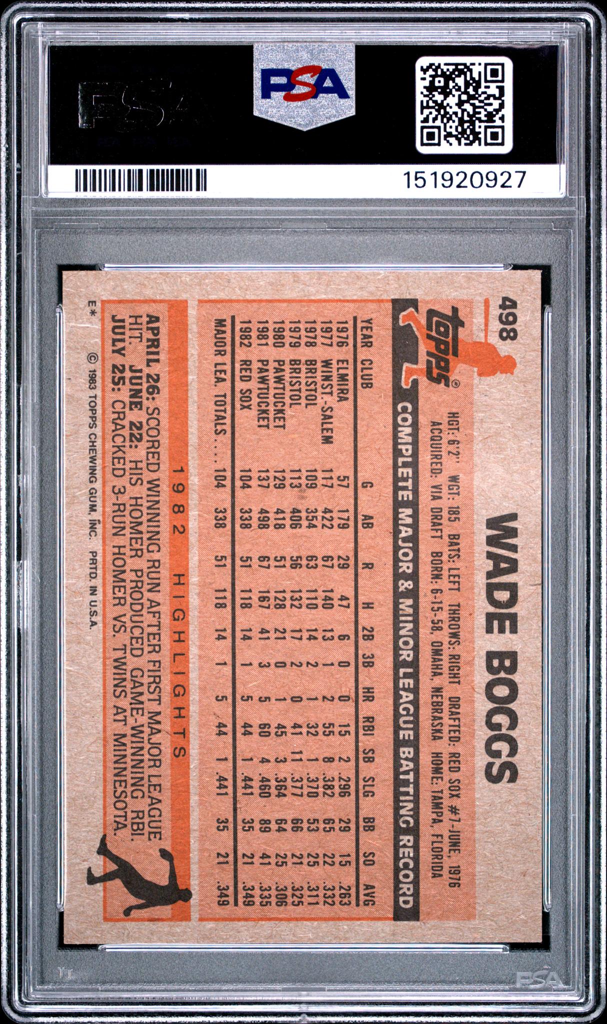 1983 Topps Wade Boggs #498 PSA 8