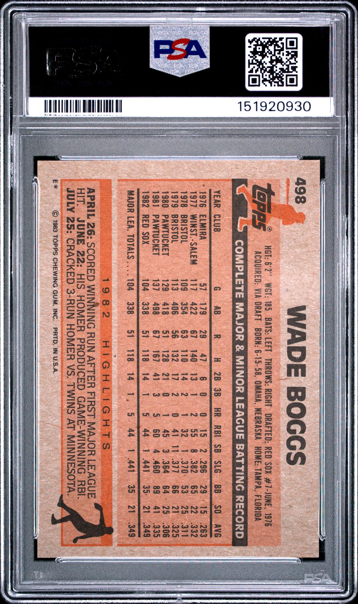 1983 Topps Wade Boggs #498 PSA 8