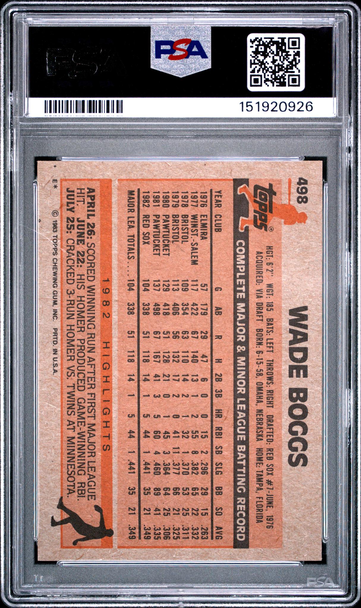 1983 Topps Wade Boggs #498 PSA 8