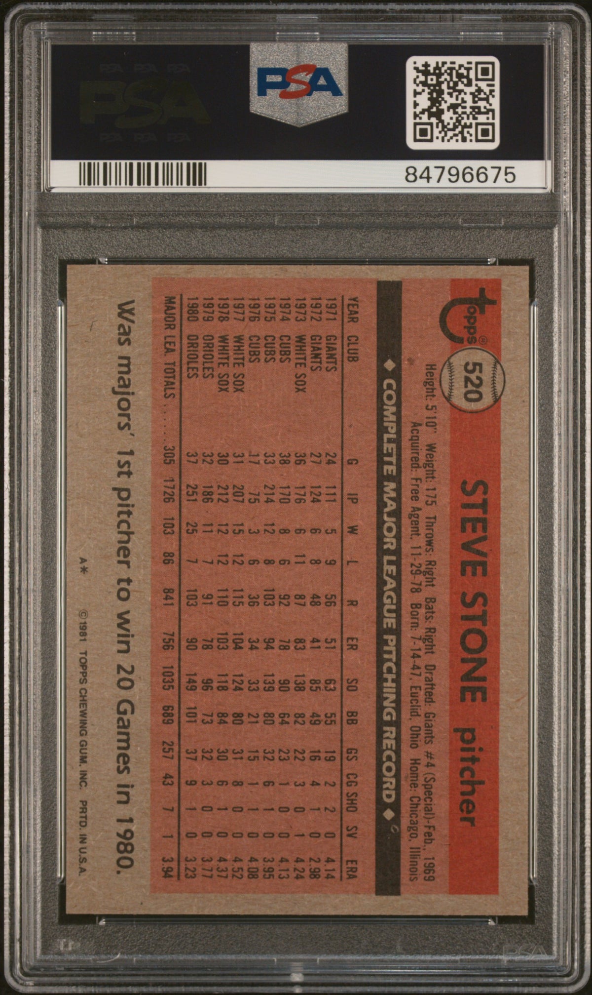 1981 Topps Steven Stone #520 PSA 9