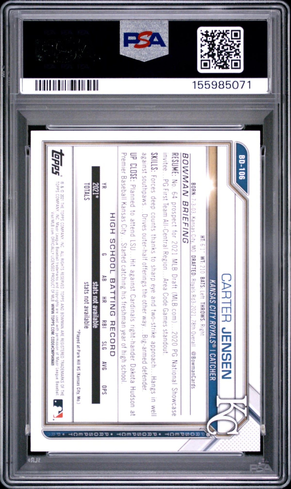 2021 Bowman Draft Carter Jensen #BD106 PSA 10