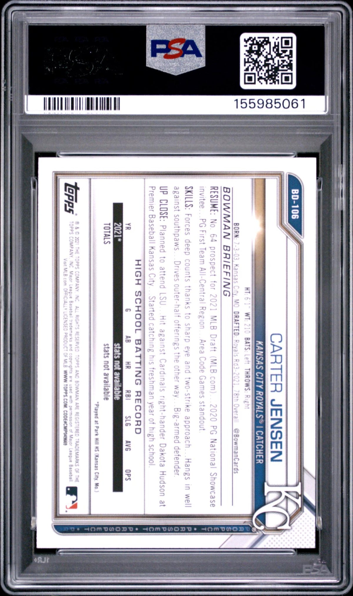 2021 Bowman Draft Carter Jensen #BD106 PSA 10