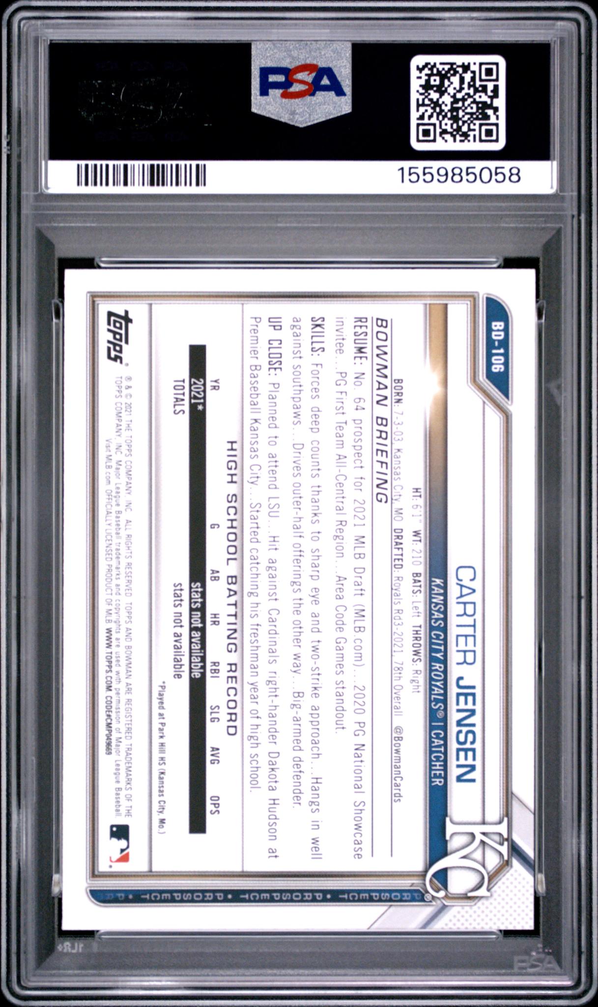 2021 Bowman Draft Carter Jensen #BD106 PSA 10