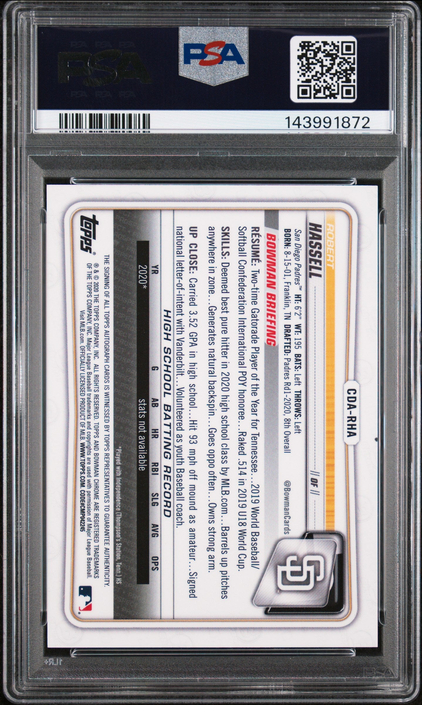 2020 Bowman Chrome Draft Autographs Gold Wave Refractor Robert Hassell #CDARHA /50 PSA 9