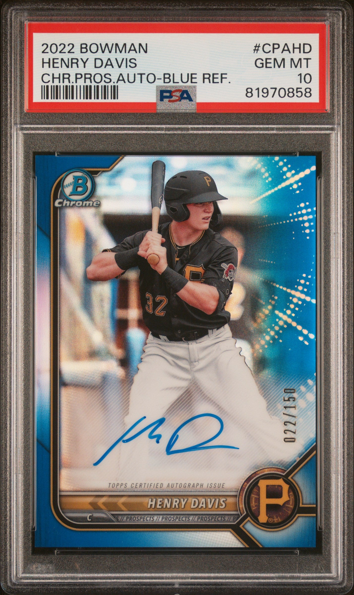 2022 Bowman Chrome Prospect Autograph Blue Refractor Henry Davis #CPAHD /150 PSA 10