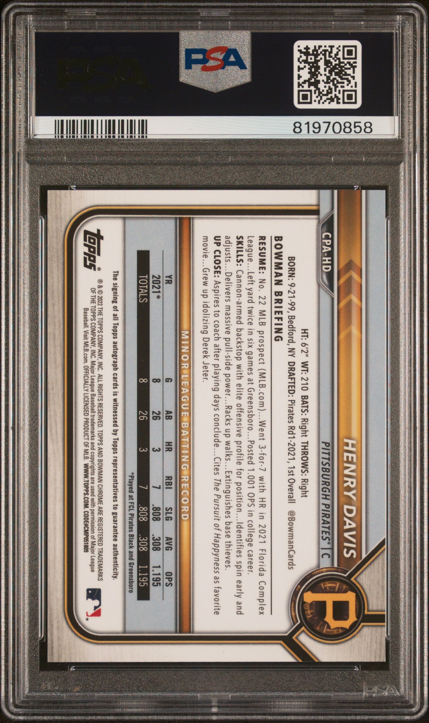 2022 Bowman Chrome Prospect Autograph Blue Refractor Henry Davis #CPAHD /150 PSA 10