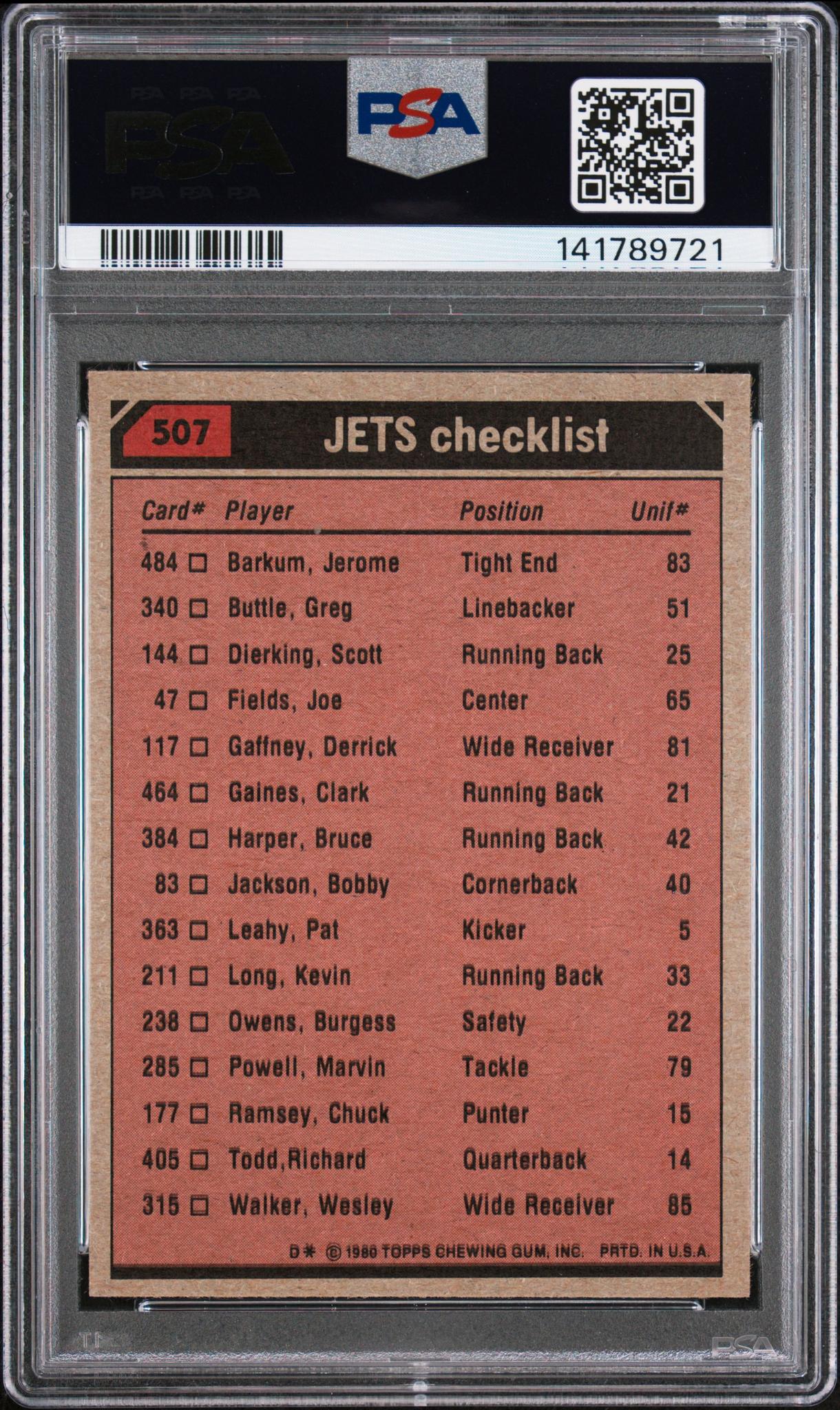 1980 Topps New York Jets Tl/Clark Gaines/Wesley Walker/Burgess Owens/Joe Klecko/(Checklist Back0 #507 PSA 9