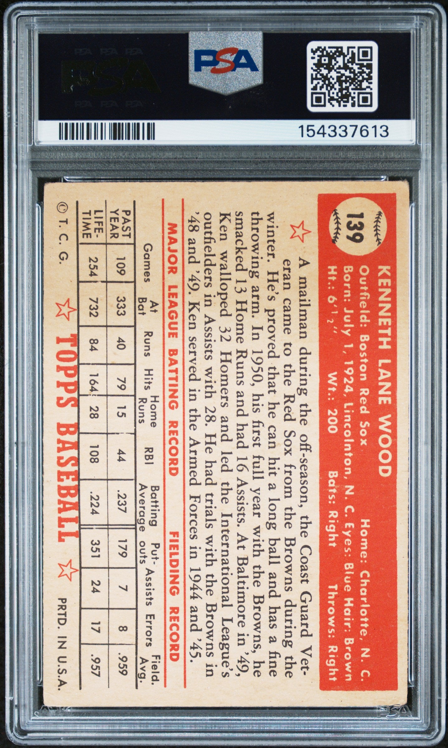 1952 Topps Ken Wood #139 PSA 3