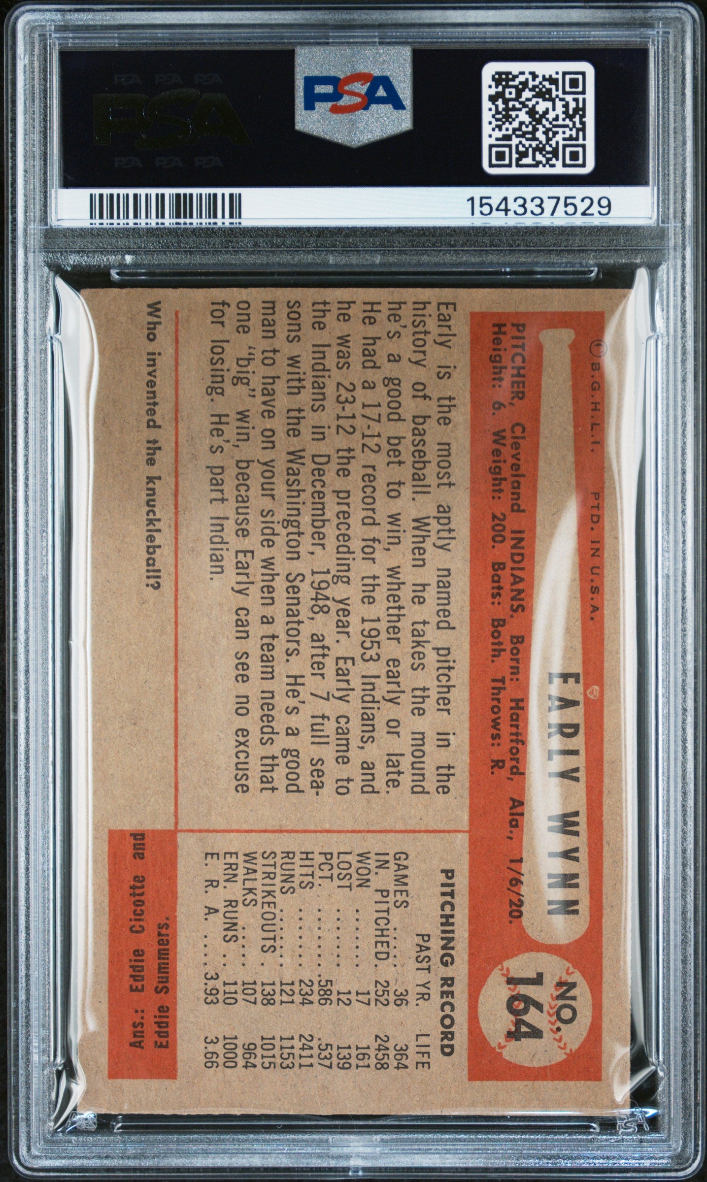1954 Bowman Early Wynn #164 PSA 3