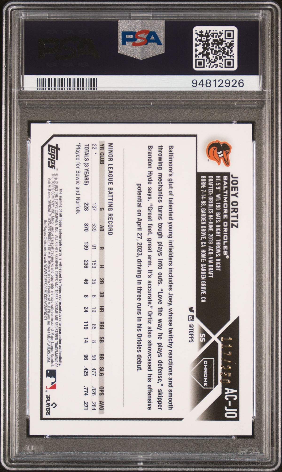 2023 Topps Chrome Update Autograph Purple Joey Ortiz #ACJO /250 PSA 10