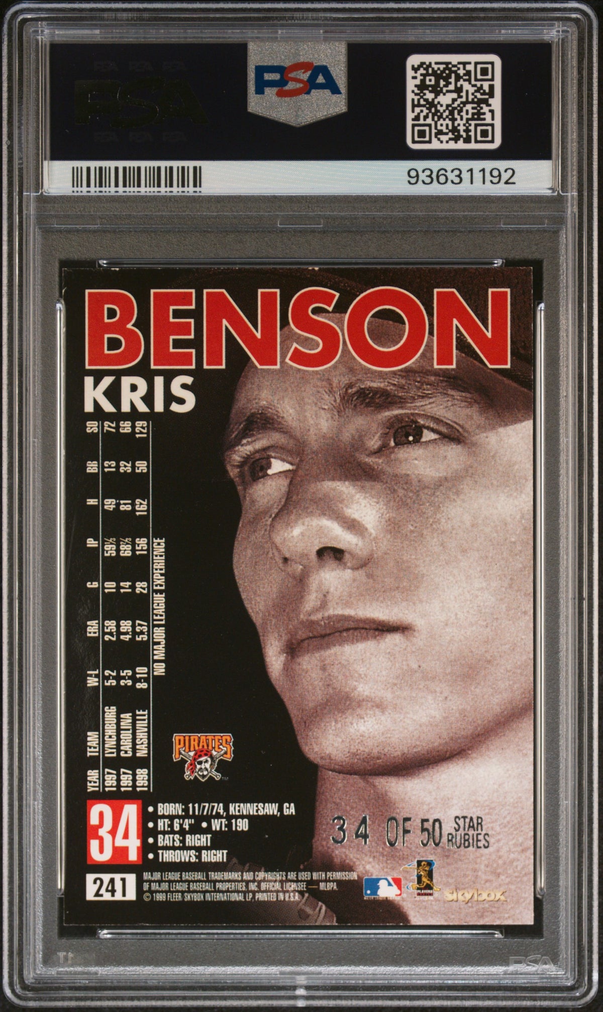 1999 Skybox Premium Star Rubies Kris Benson #241 /15 /50 PSA 8