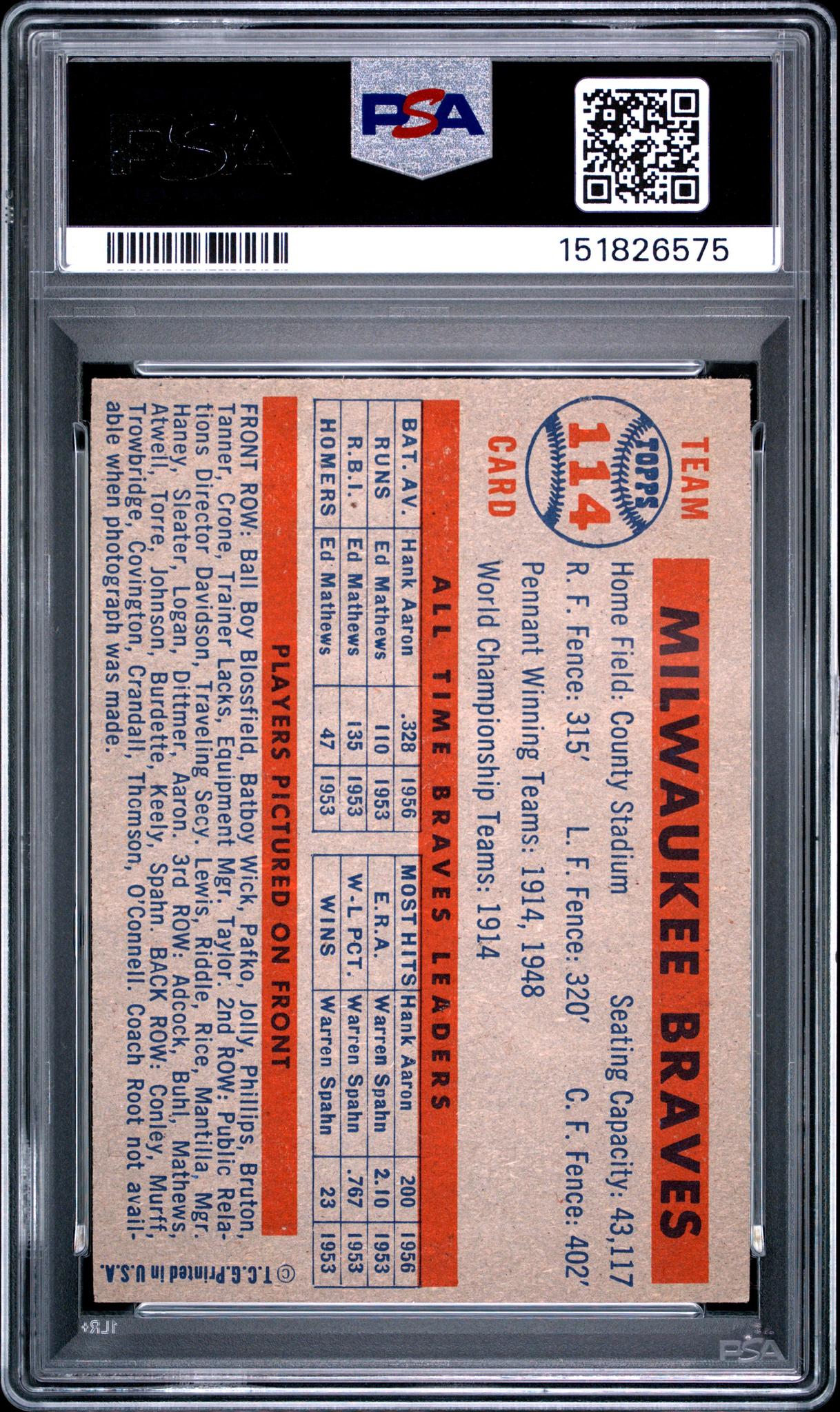 1957 Topps Milwaukee Braves #114 PSA 6