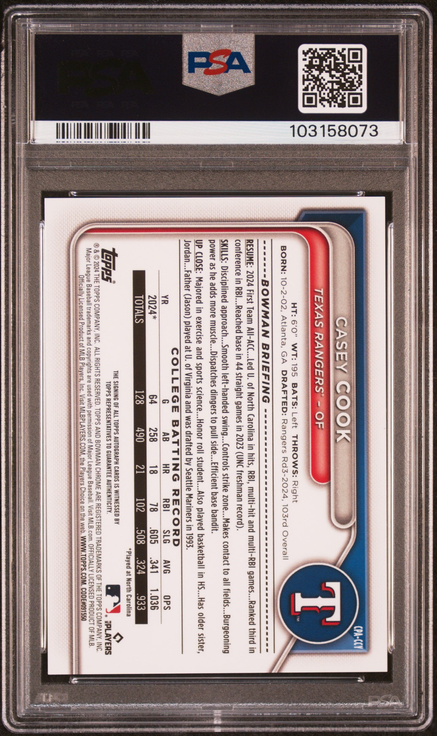2024 Bowman Draft Casey Cook #CPA-CCY PSA 10