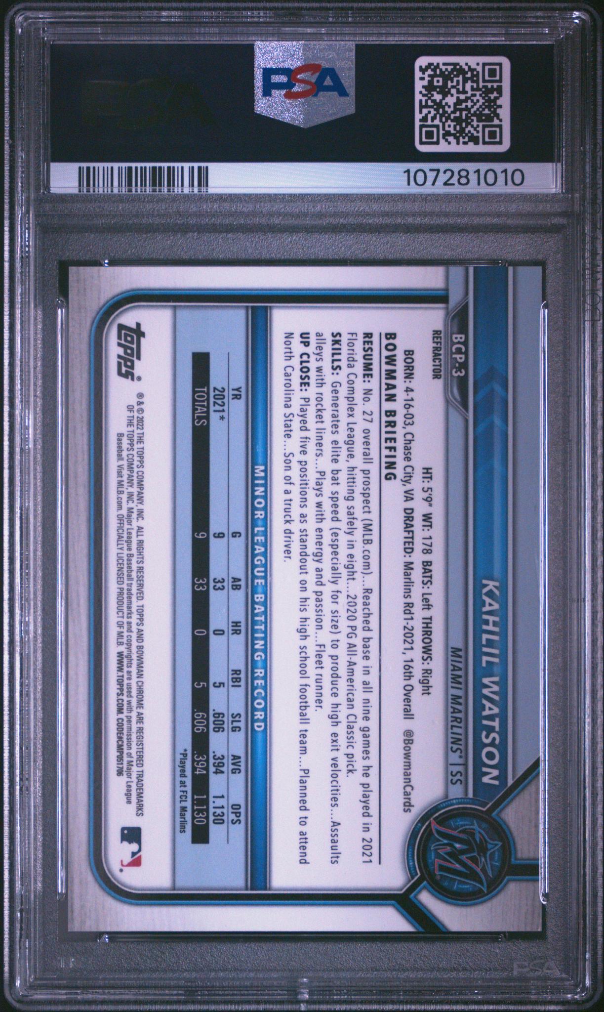 2022 Bowman Chrome Prospect Refractor Kahlil Watson #BCP3 /499 PSA 10