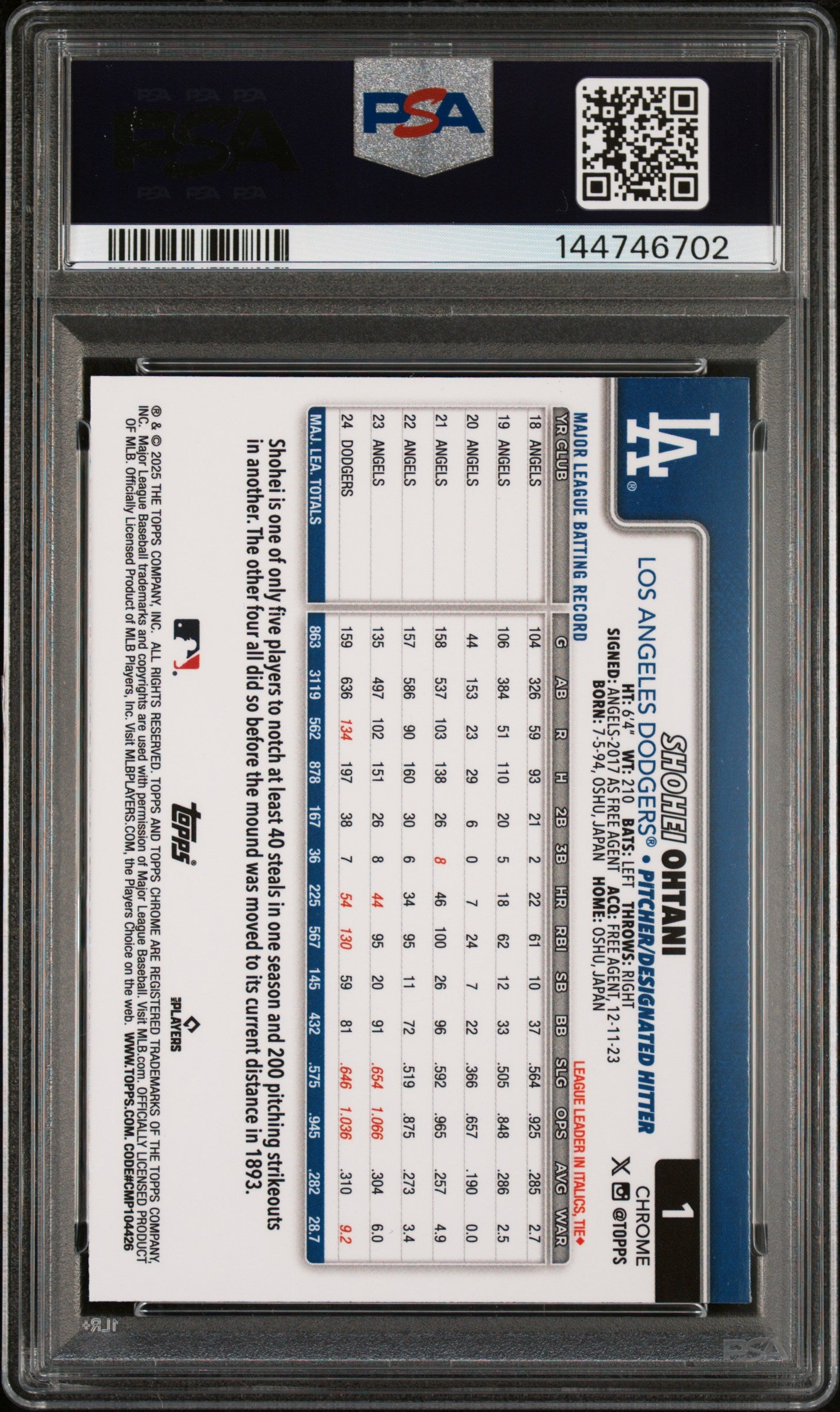 2025 Topps Chrome Teal Refractor Shohei Ohtani #1 /299 PSA 10