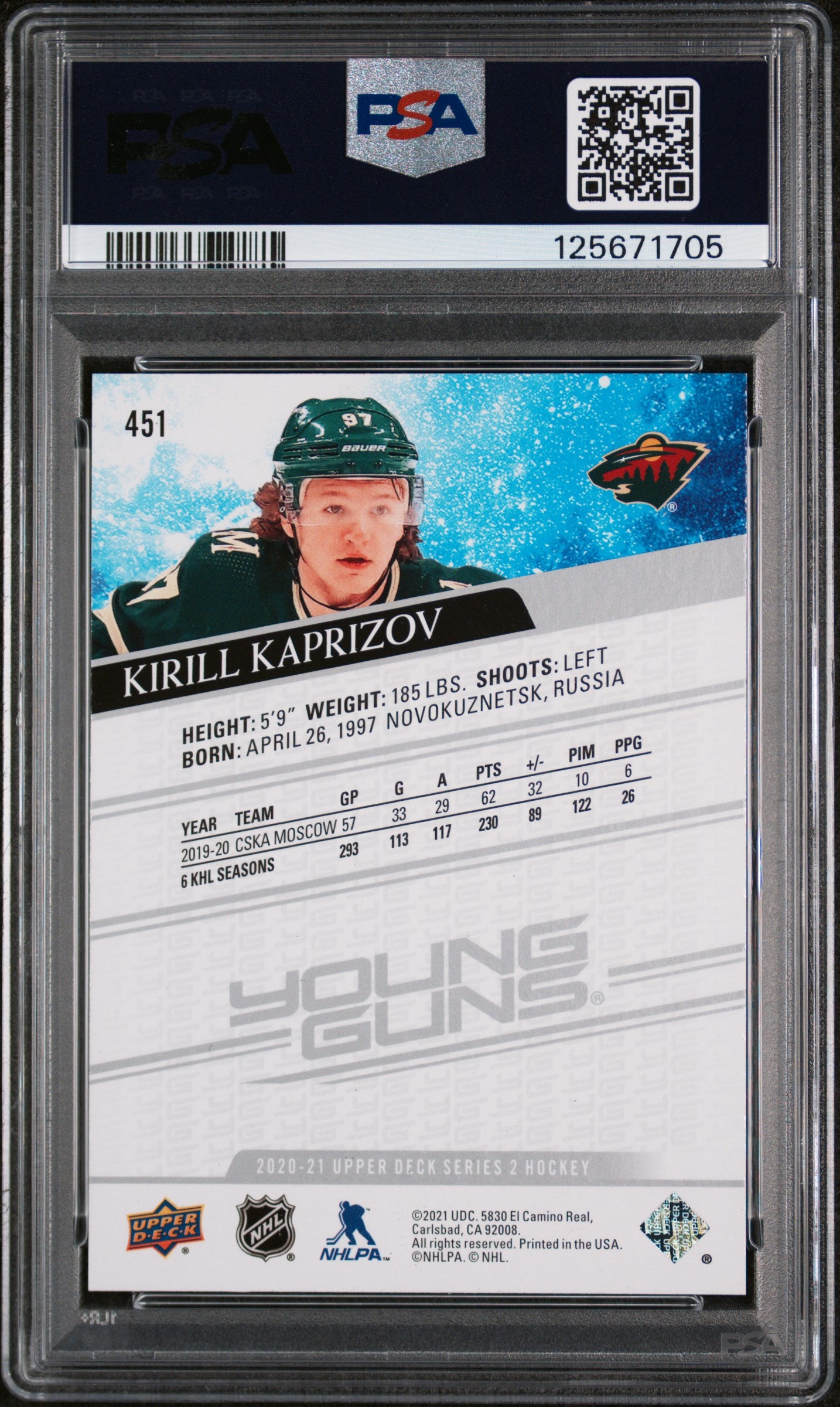 2020 Upper Deck Young Guns Kirill Kaprizov #451 PSA 9