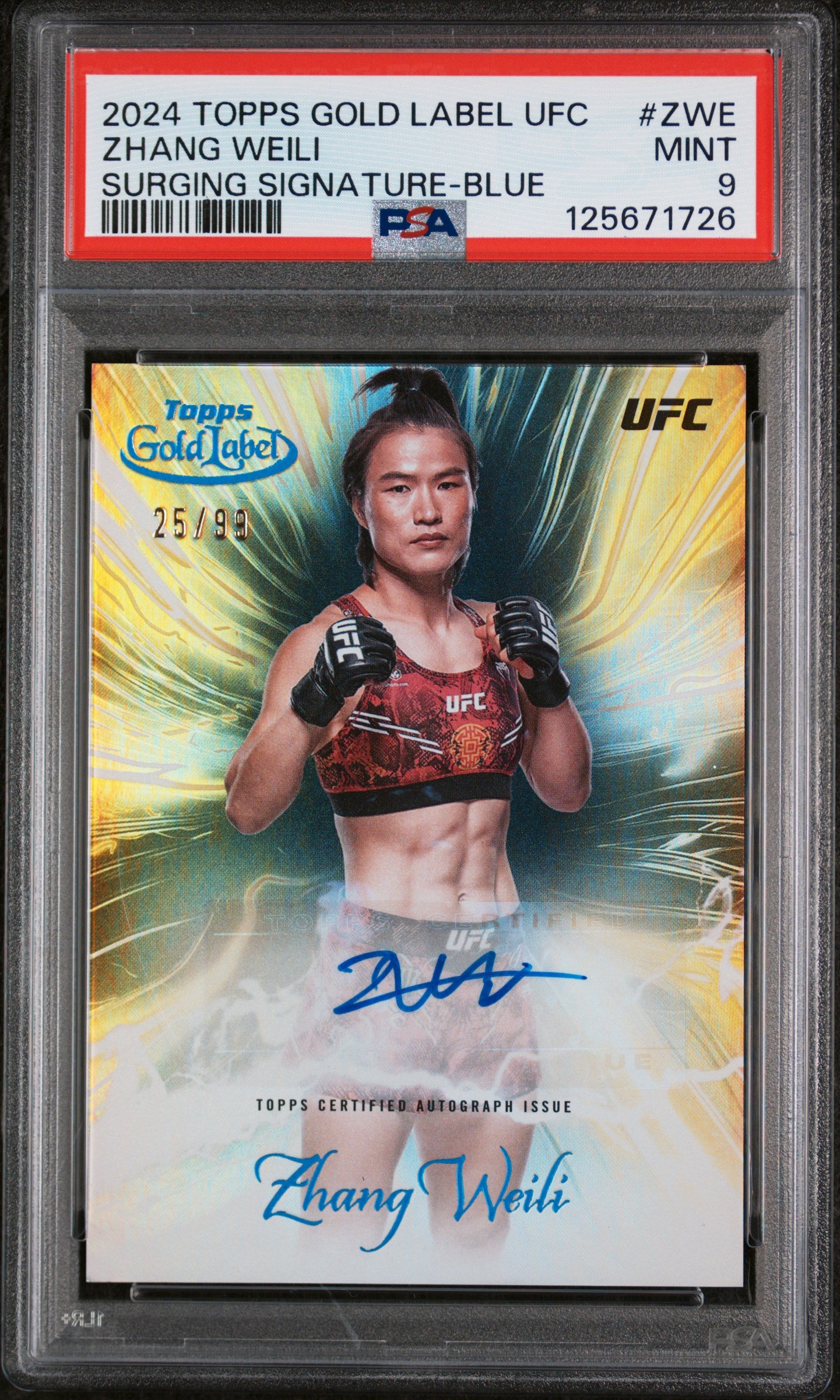 2024 Topps Gold Label UFC Surging Signatures Blue Zhang Weili #ZWE /99 PSA 9