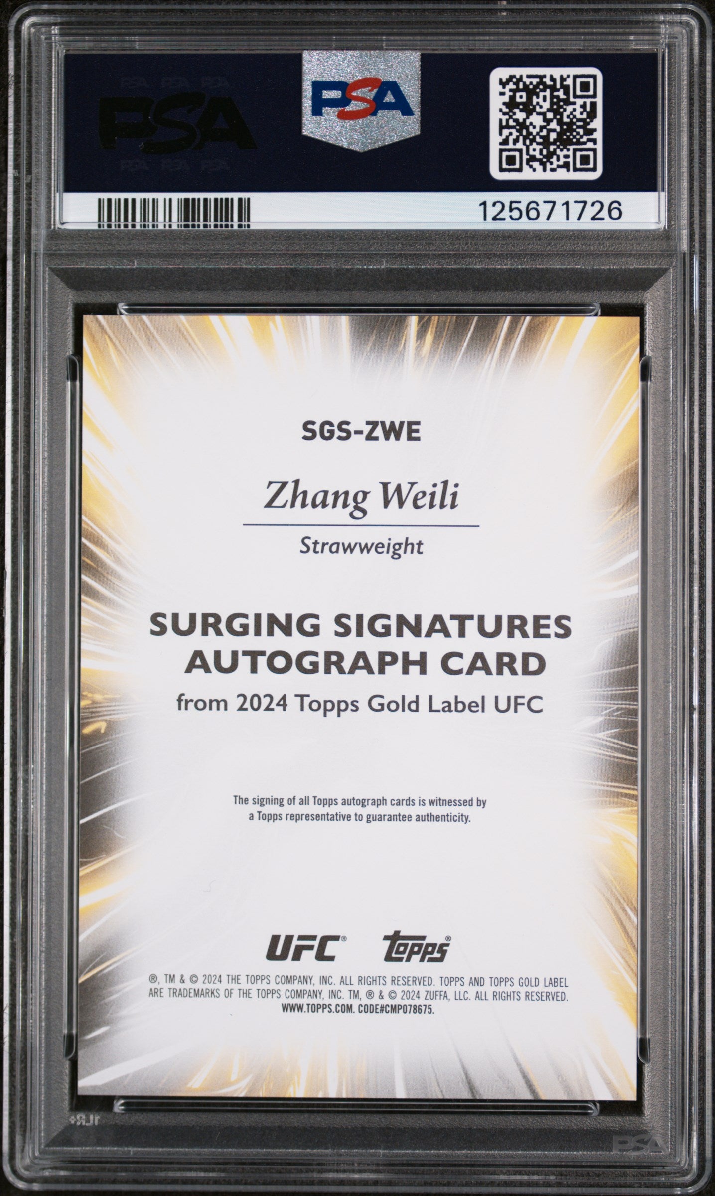 2024 Topps Gold Label UFC Surging Signatures Blue Zhang Weili #ZWE /99 PSA 9