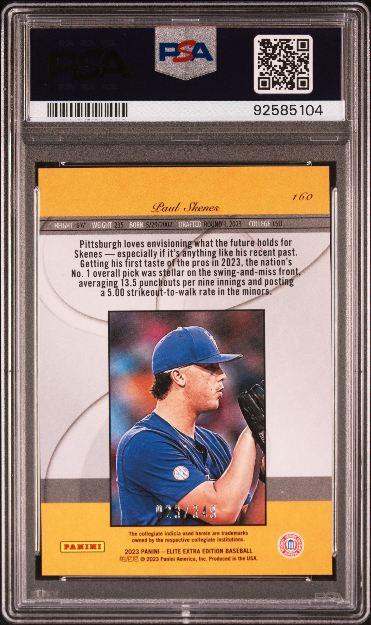 2023 Panini Elite Extra Edition Aspirations-Blue Paul Skenes #160 /349 PSA 10