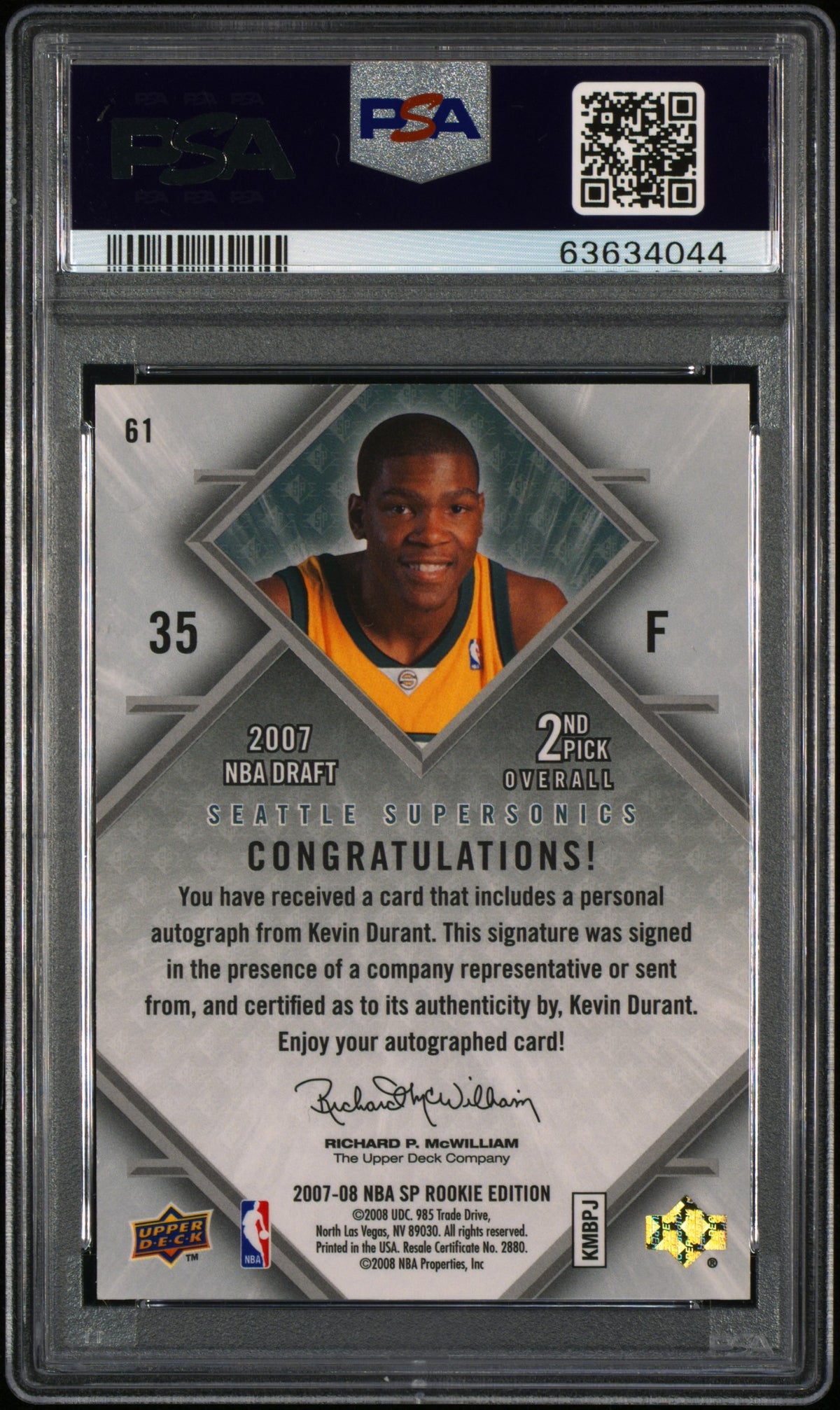 2007 SP Rookie Autograph Kevin Durant #61 PSA 9