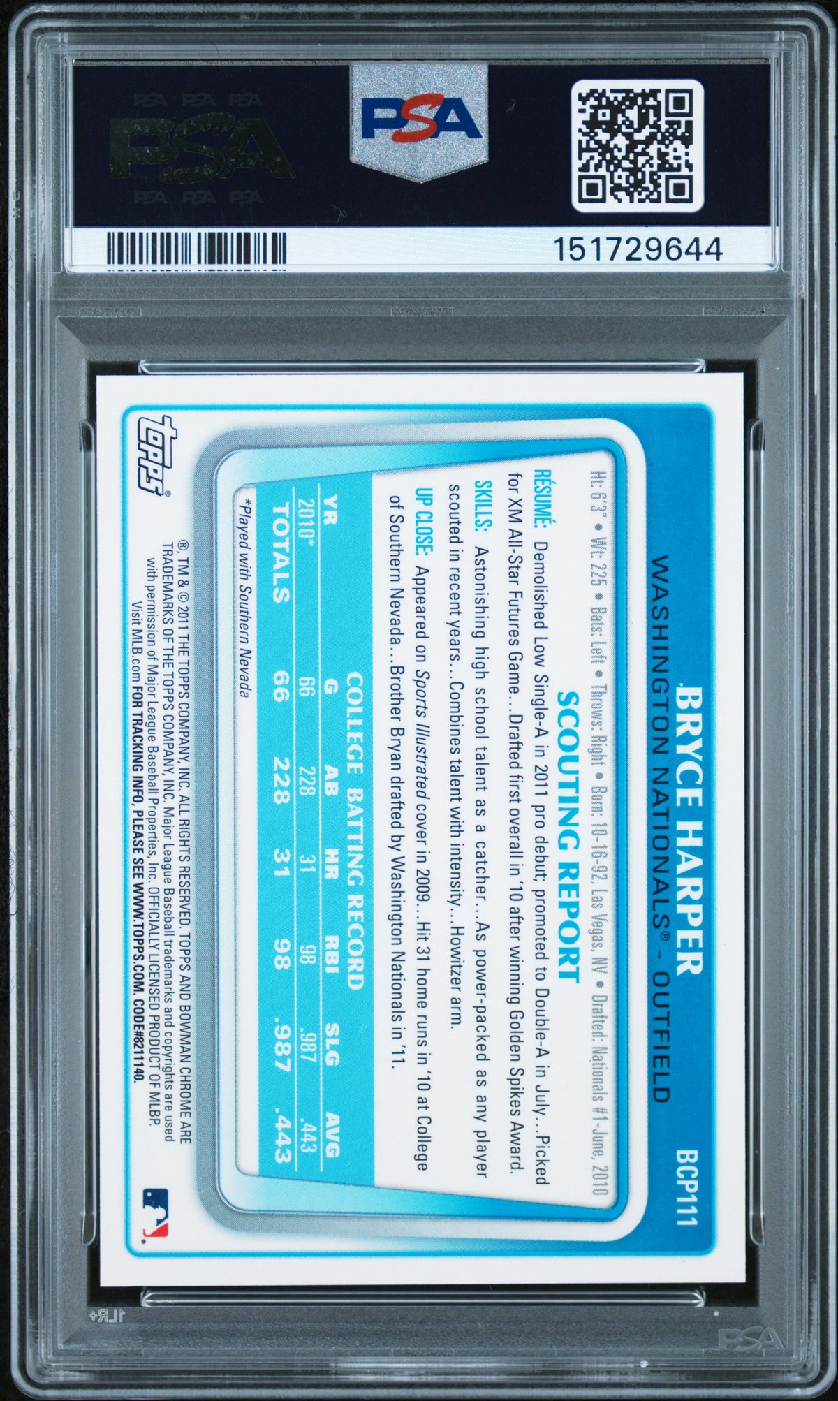 2011 Bowman Chrome Prospect Autograph Bryce Harper #BCP111 PSA 9