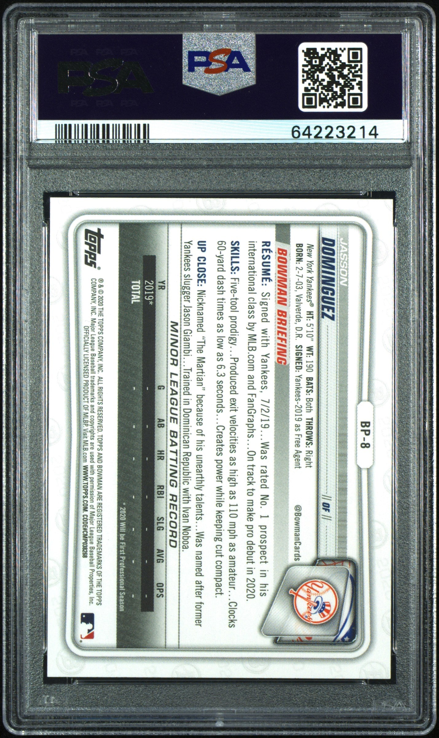 2020 Bowman Green Jasson Dominguez #BP8 /99 PSA 10