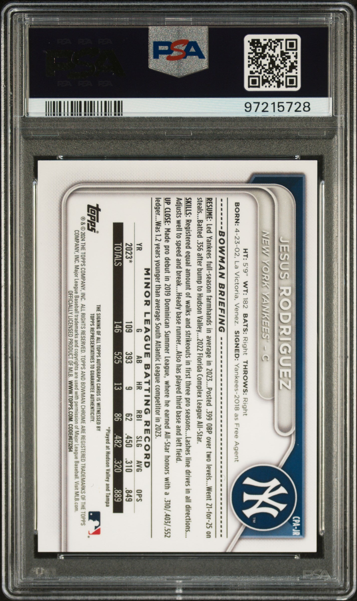 2024 Bowman Chrome Prospect Autographs Gold Lava Refractors Jesus Rodriguez #CPAJR /50 PSA 9