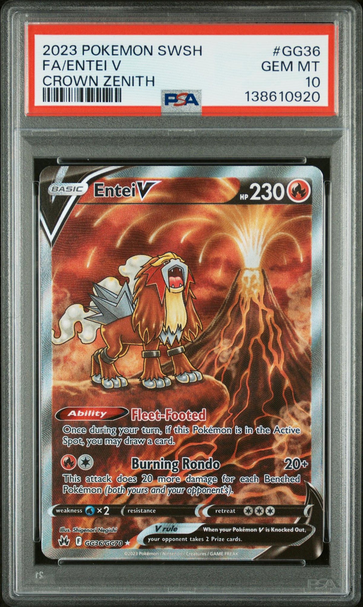 2023 Pokemon Sword and Shield Crown Zenith Galarian Gallery Entei V #GG36 PSA 10