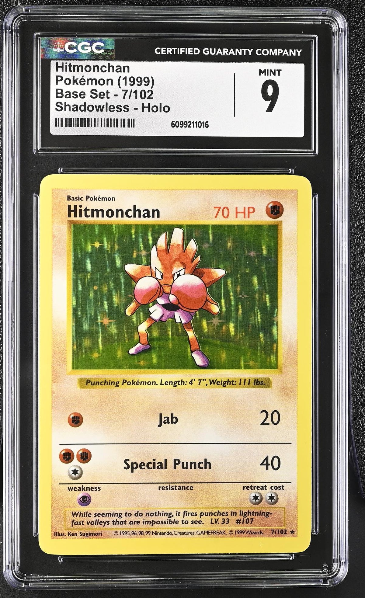 1999 Pokemon #7/102 Hitmonchan Base Set CGC 9