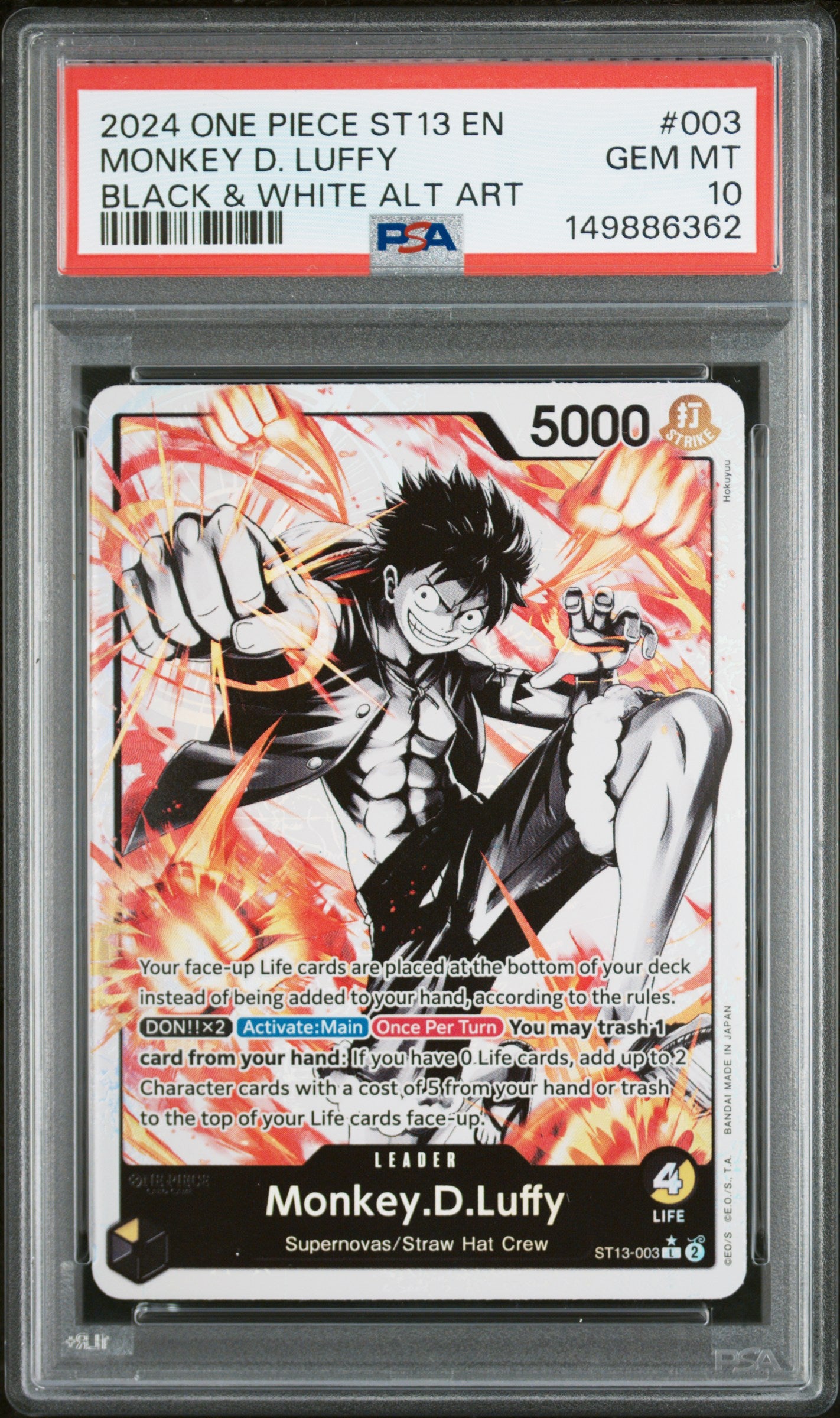 2024 One Piece Starter Deck 13 the Three Brothers Ultra Deck Black and White Alternate Art Monkey D. Luffy #ST13003 PSA 10