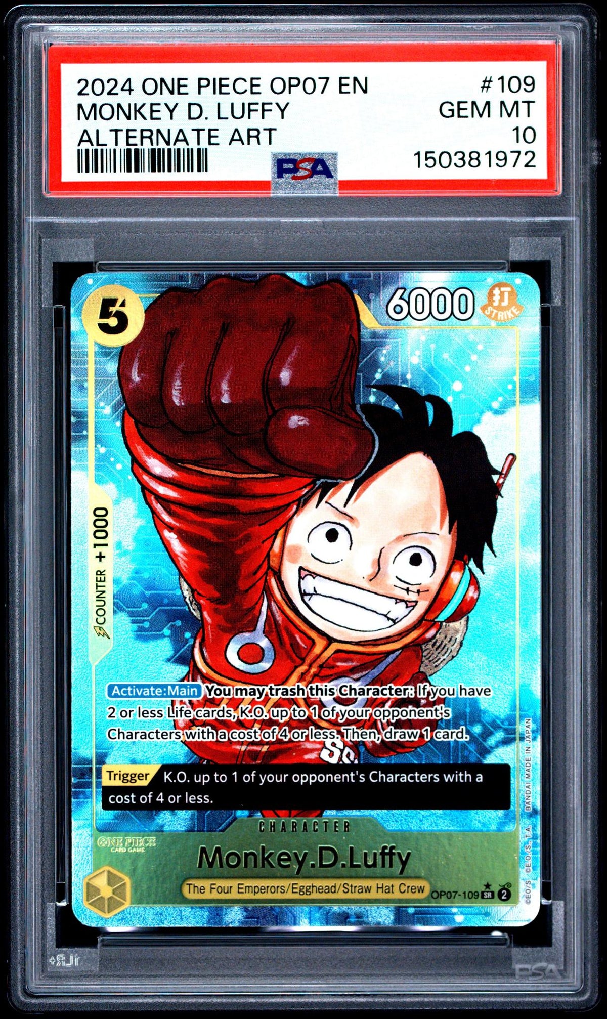 One Piece Card Game Monkey D. Luffy OP07-109 Alternate Art PSA 10