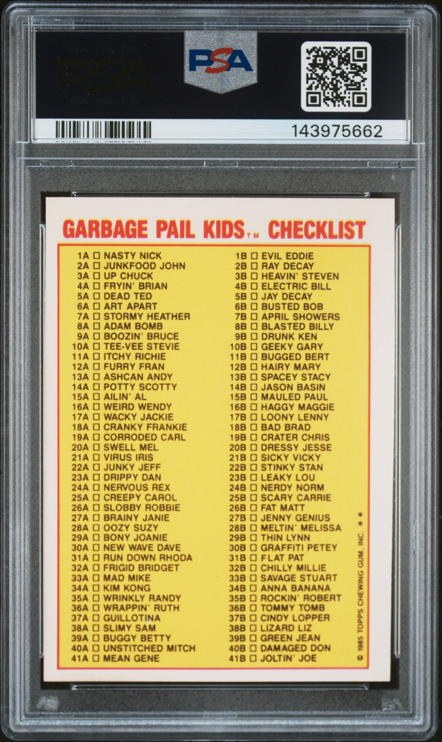 1985 Garbage Pail Kids Stickers Checklist-Glossy Bony Joanie #29a PSA 8