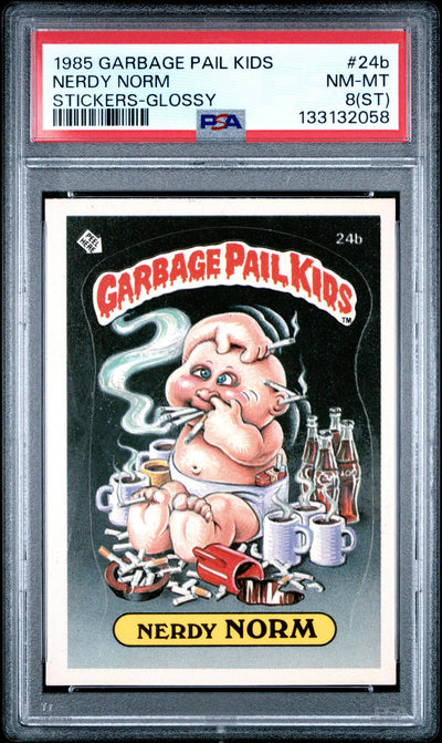 1985 Garbage Pail Kids Stickers Glossy Nerdy Norm #24b PSA 8 133132058
