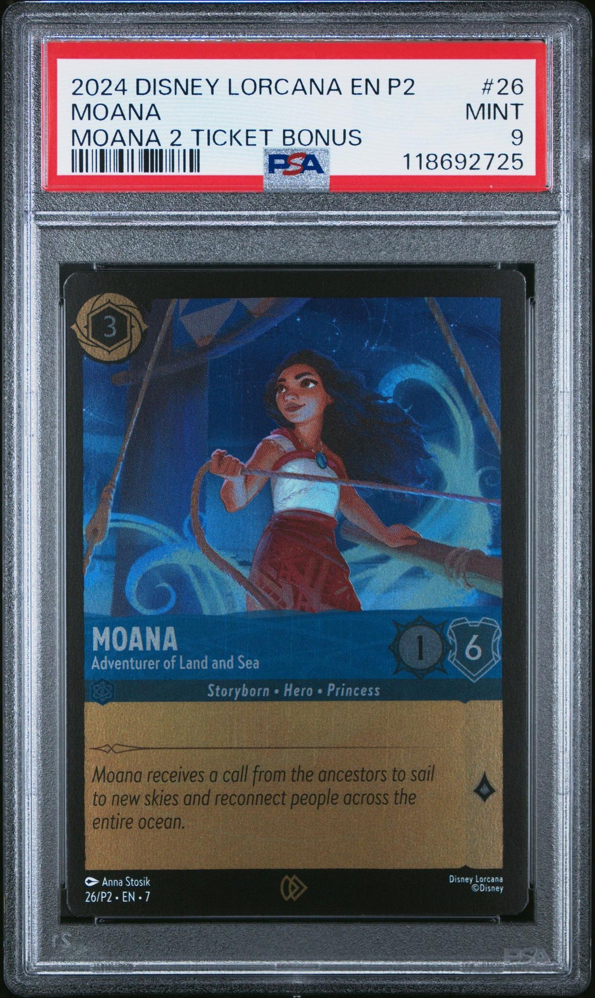 2024 Disney Lorcana En P2-Promo Moana 2 Ticket Bonus Moana #26 PSA 9