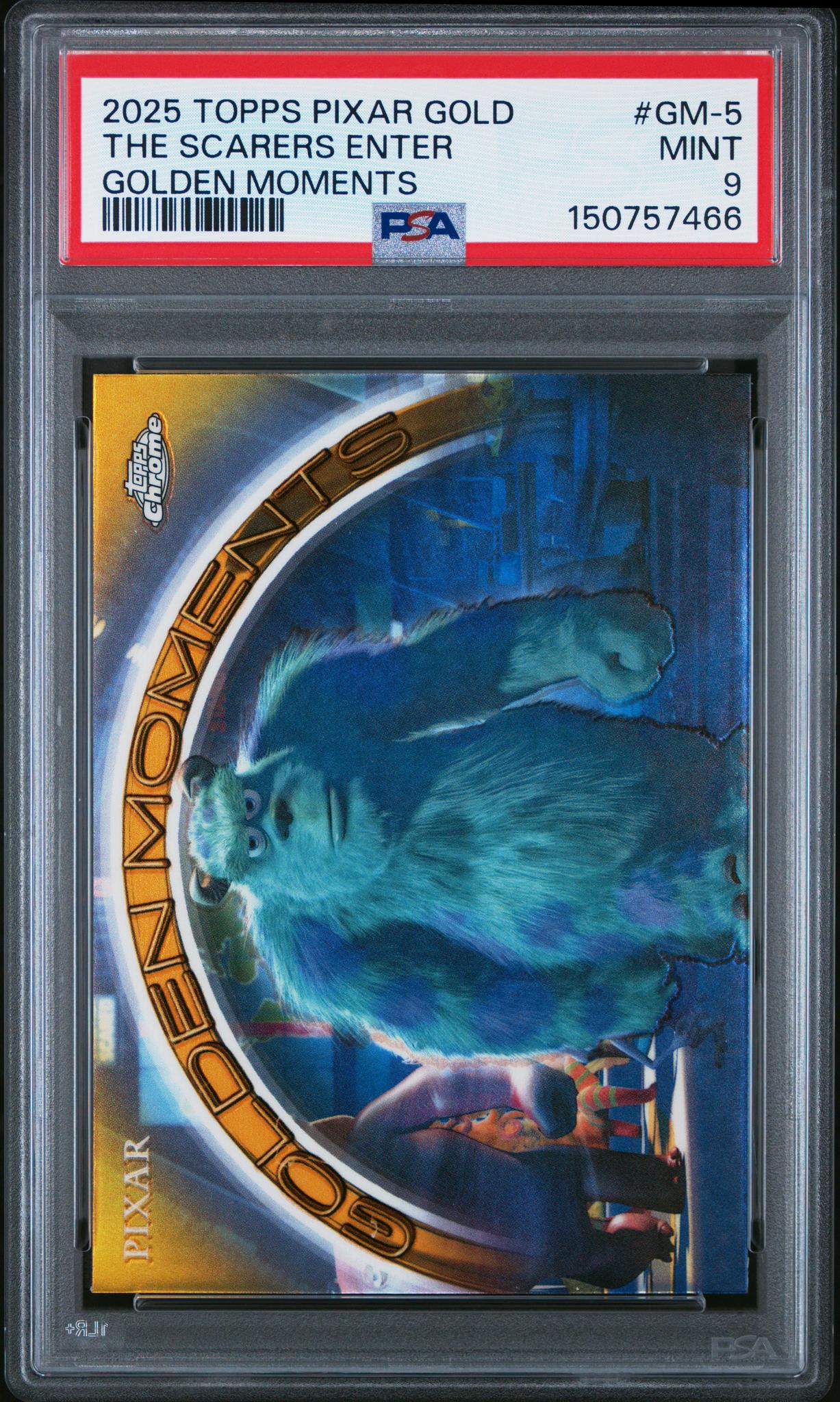 2025 Topps Pixar Gold Golden Moments the Scarers Enter #GM-5 PSA 9