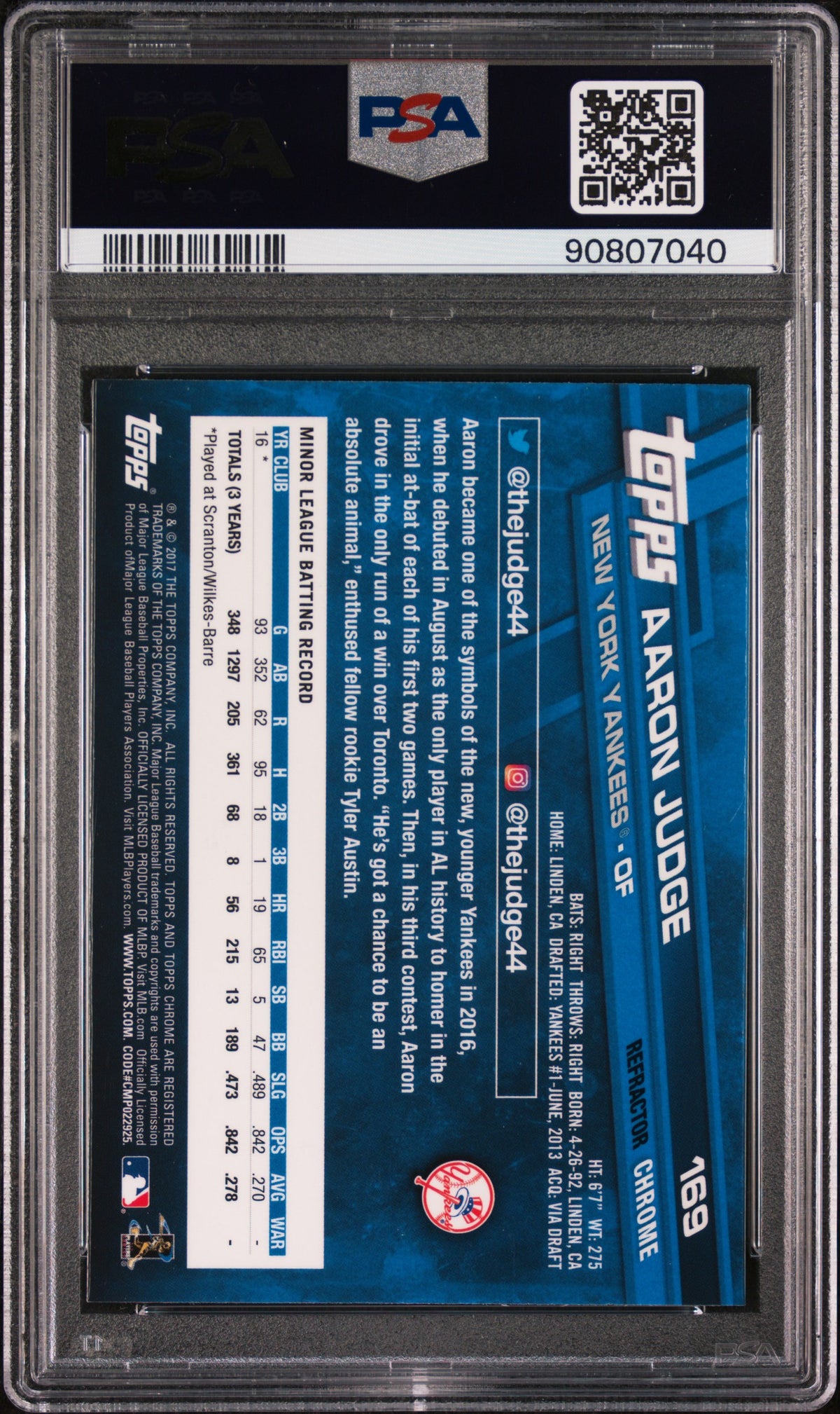 2017 Topps Chrome Catching Refractor Aaron Judge #169 PSA 9