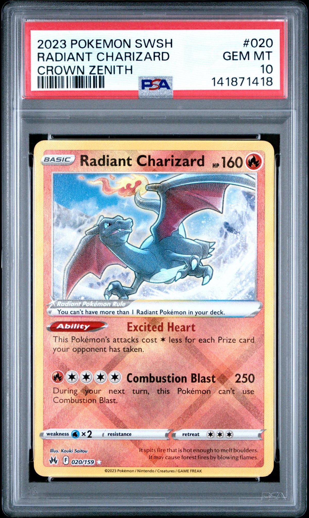2023 Pokemon Sword and Shield Crown Zenith Radiant Charizard #020 PSA 10