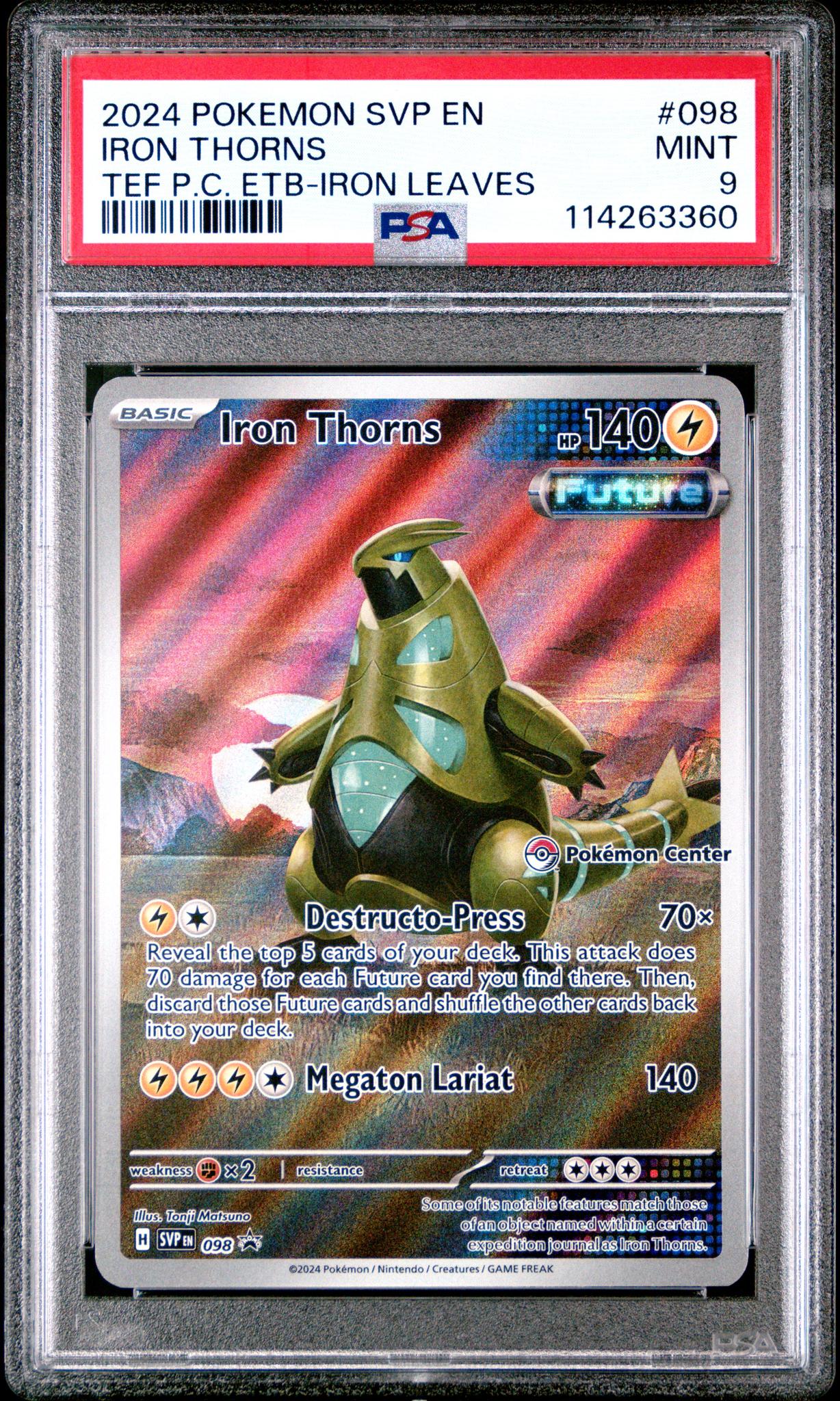 2024 Pokemon Scarlet & Violet Black Star Promos Temporal Forces Pokemon Center Elite Trainer Box Iron Leaves Iron Thorns #098 PSA 9