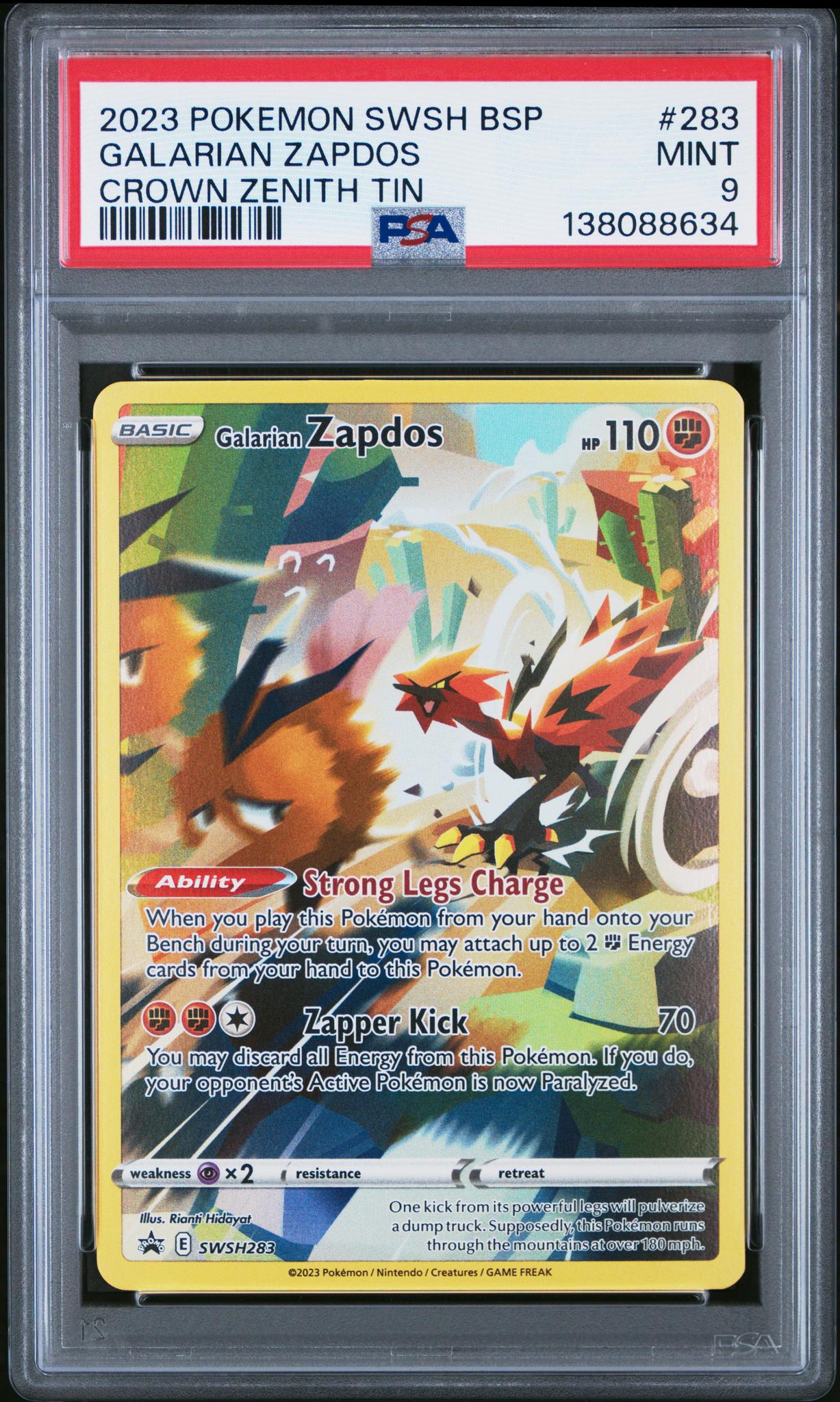 2023 Pokemon Sword and Shield Black Star Promo Crown Zenith Tins Galarian Zapdos #283 PSA 9