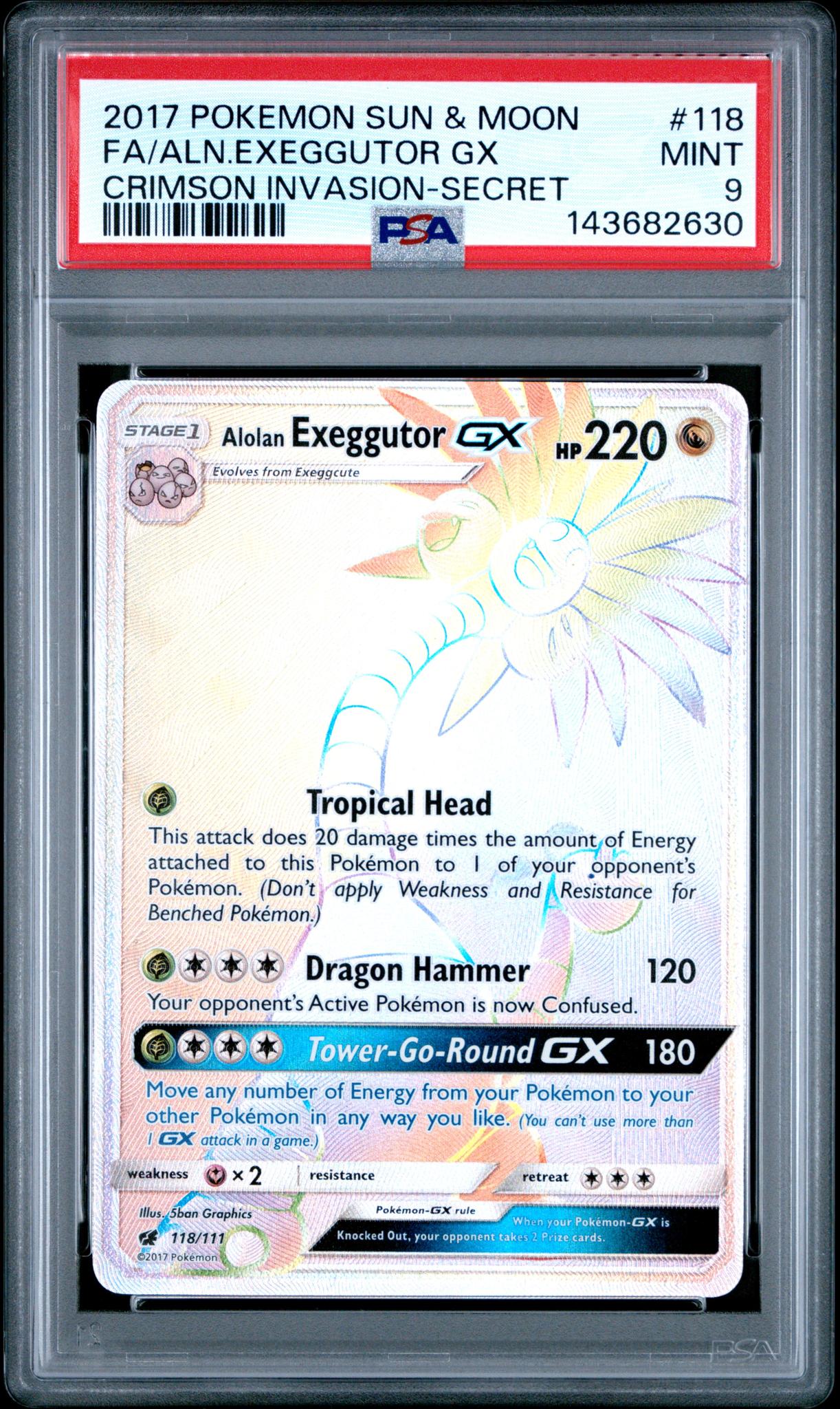 2017 Pokemon Sun and Moon Crimson Invasion Rainbow Rare Alolan Exeggutor Gx #118 /111 PSA 9