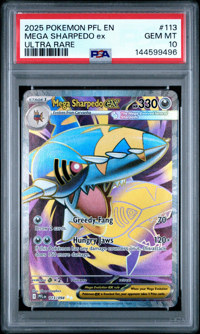 2025 Pokemon Scarlet and Violet Phantasmal Flames Ultra Rare Mega Sharpedo Ex #113 PSA 10