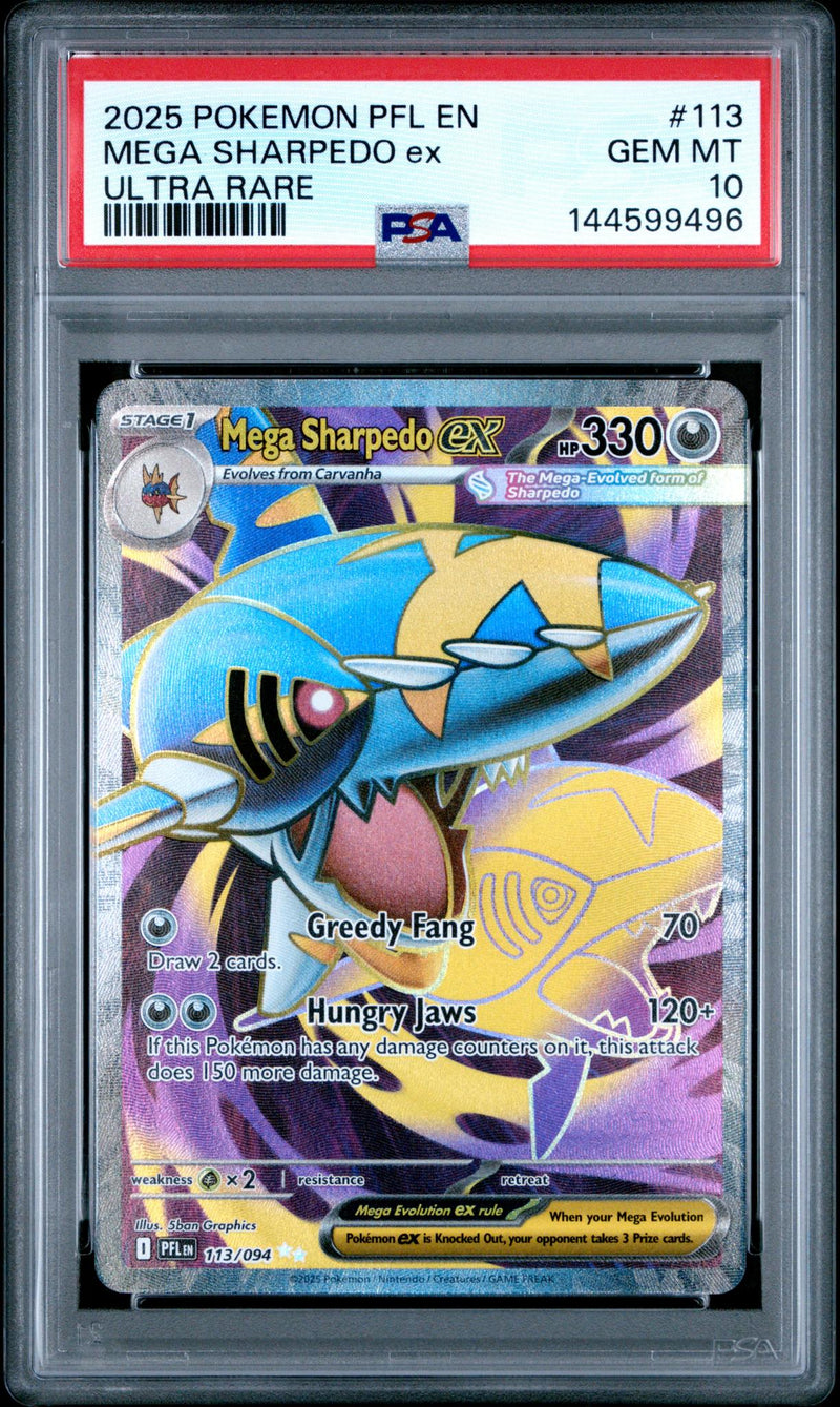 2025 Pokemon Scarlet and Violet Phantasmal Flames Ultra Rare Mega Sharpedo Ex #113 PSA 10