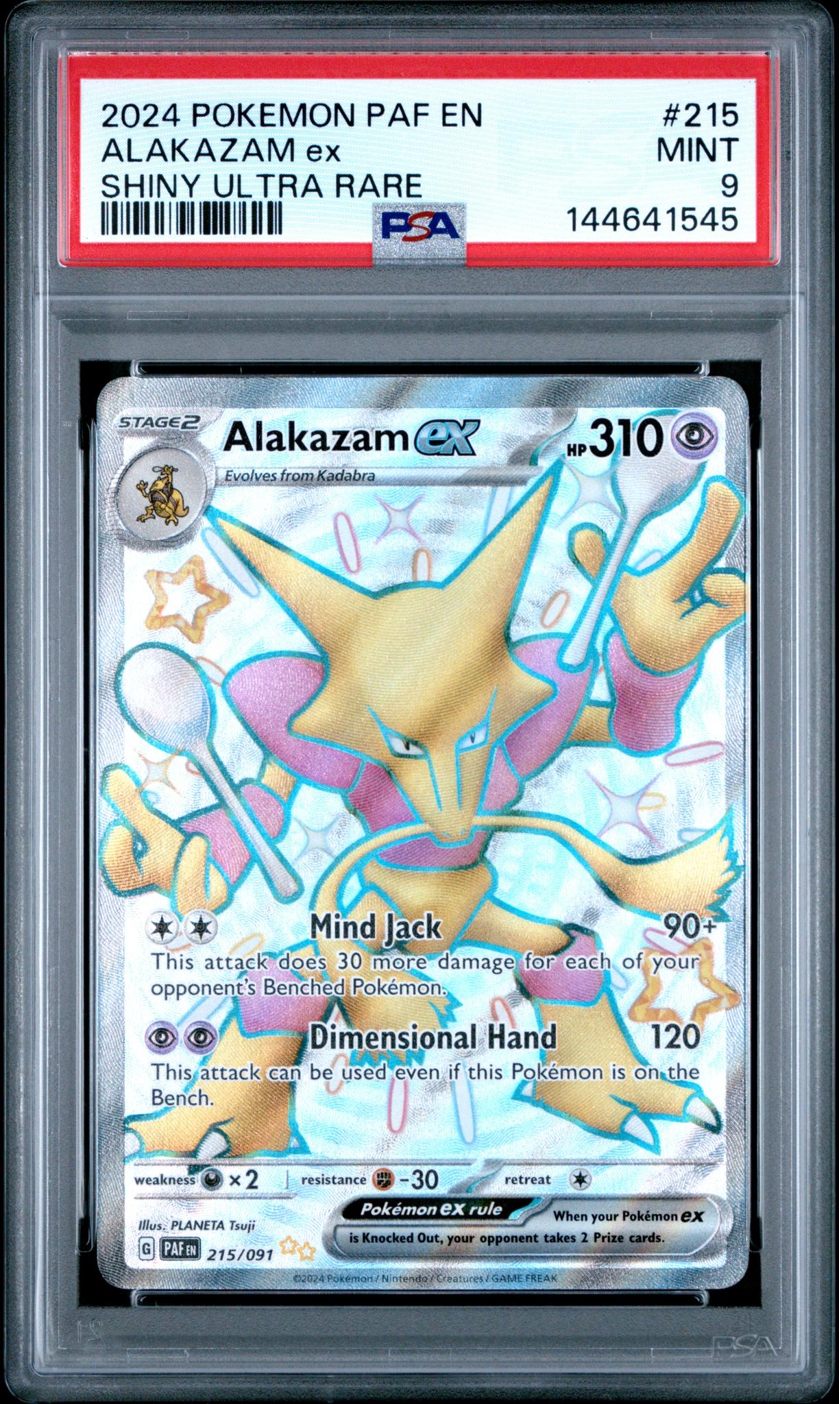 2024 Pokemon Scarlet and Violet Paldean Fates Shiny Ultra Rare Alakazam Ex #215 PSA 9