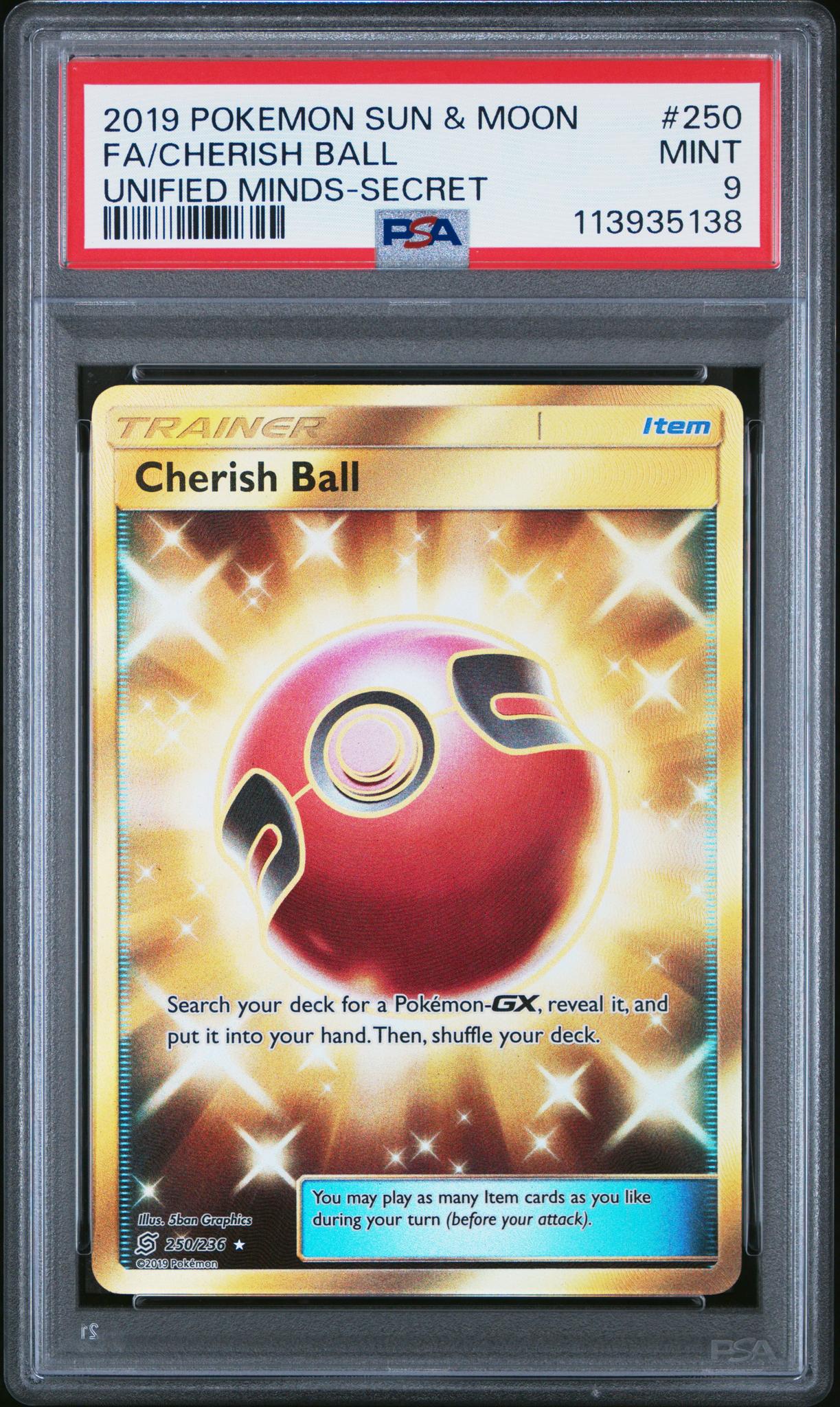 2019 Pokemon Sun and Moon Unified Minds Secret Rare Cherish Ball #250 PSA 9