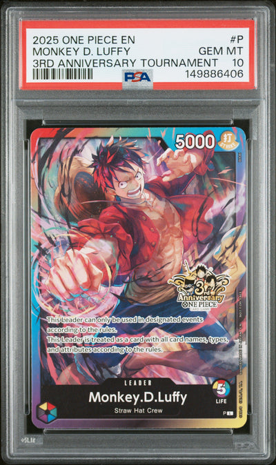 2025 One Piece Tournament Promo 3rd Anniversary Brothers Pack Monkey D. Luffy #P PSA 10