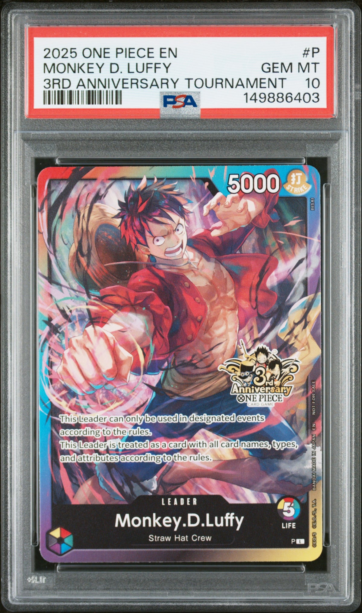 2025 One Piece Card Game Monkey D. Luffy #P 3rd Anniversary Tournament PSA 10