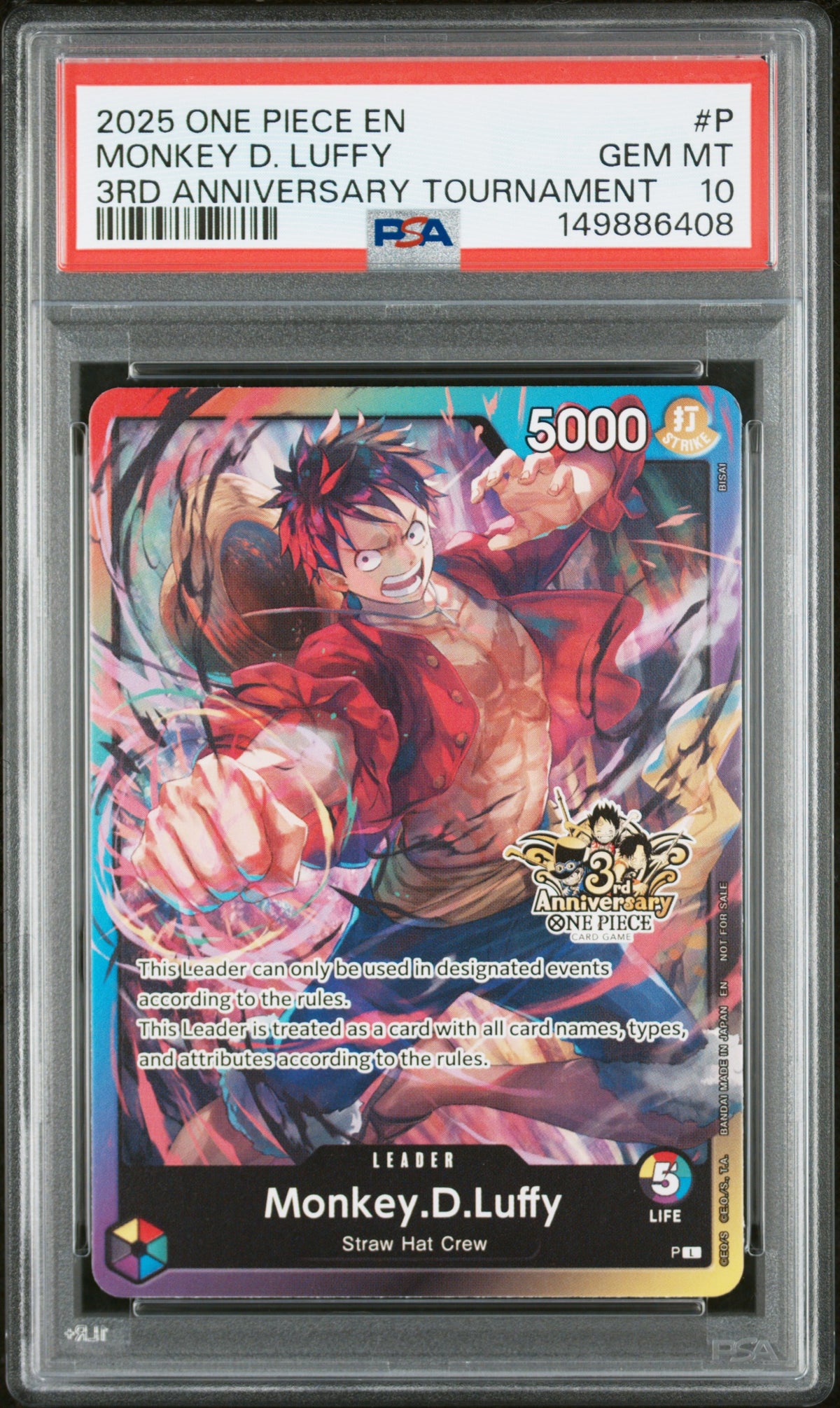 2025 One Piece Tournament Promo 3rd Anniversary Brothers Pack Monkey D. Luffy #P PSA 10