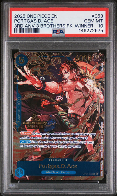 2025 One Piece Card Game Portgas D. Ace #053 3rd Anniversary Winner PSA 10